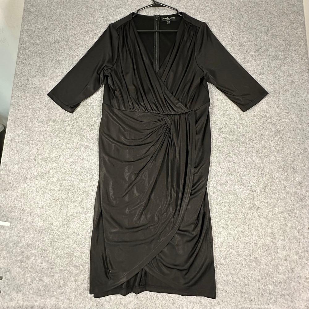Little Mistress London Dress Womens 16 Black Ruched Knot Front V-Neck Midi